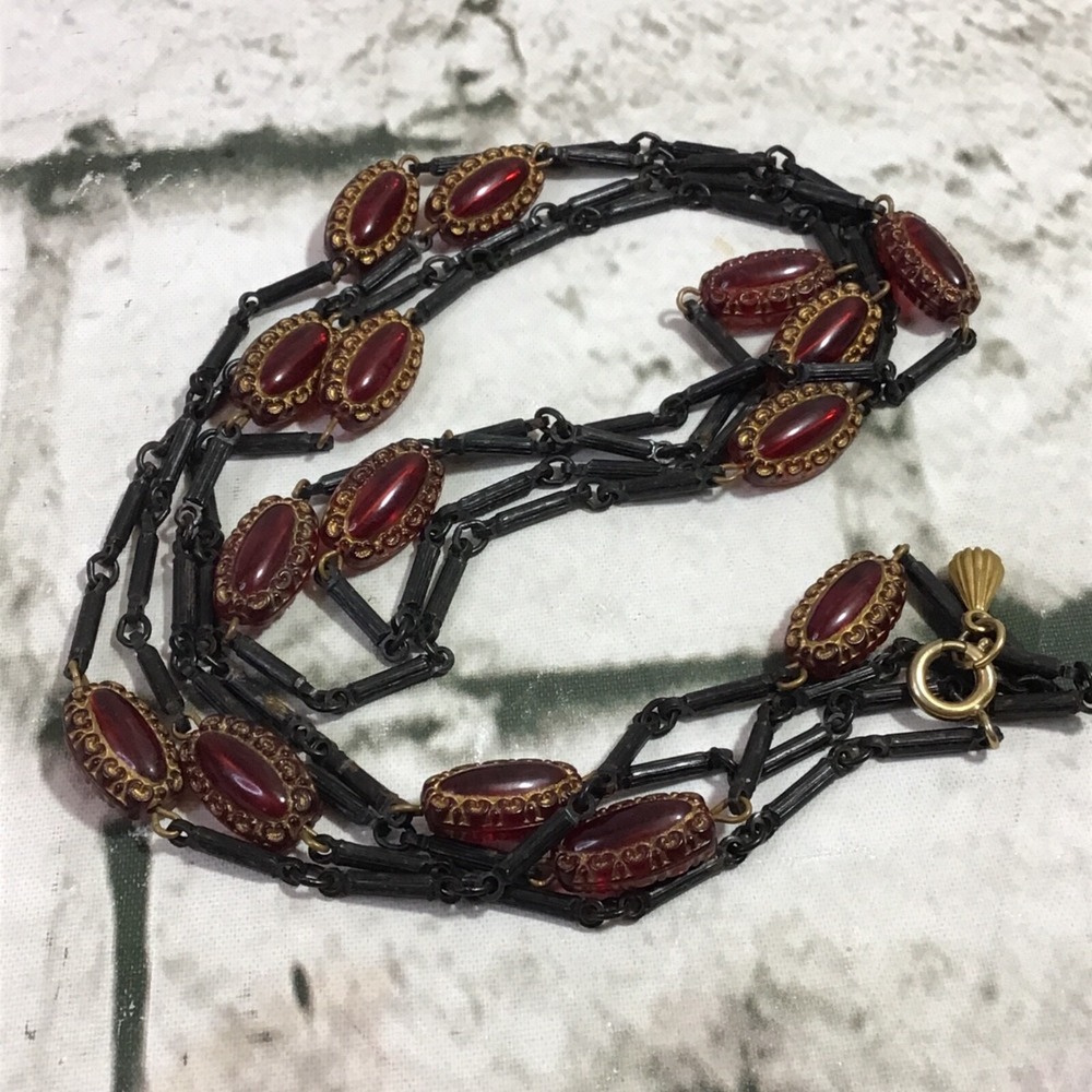 Joy Long Double Beaded Necklace Red Oblong Beads Black Burgundy Victorian Witchy